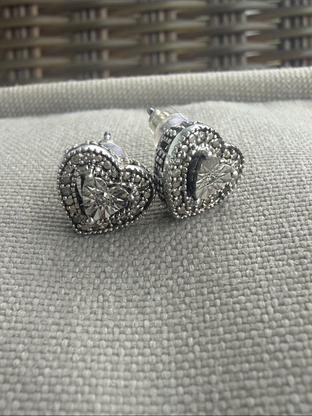 925 Sterling Silver Heart Stud Earrings Crystal/Rhinestone Vintage Style